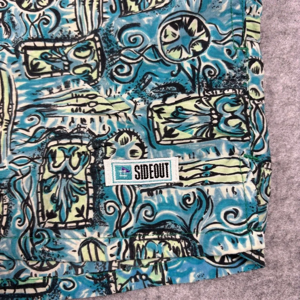 Vintage 90s Sideout Sport Tiki Surfboard Swim Trunks Teal Blue Made in USA XL